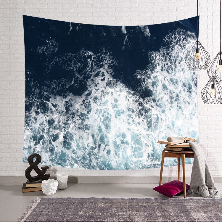 Tapisserie mer soleil océan plage tenture murale eau paysage plage décor bleu nuage bleu mousseux à la main polyester couverture: 150-130cm / 1