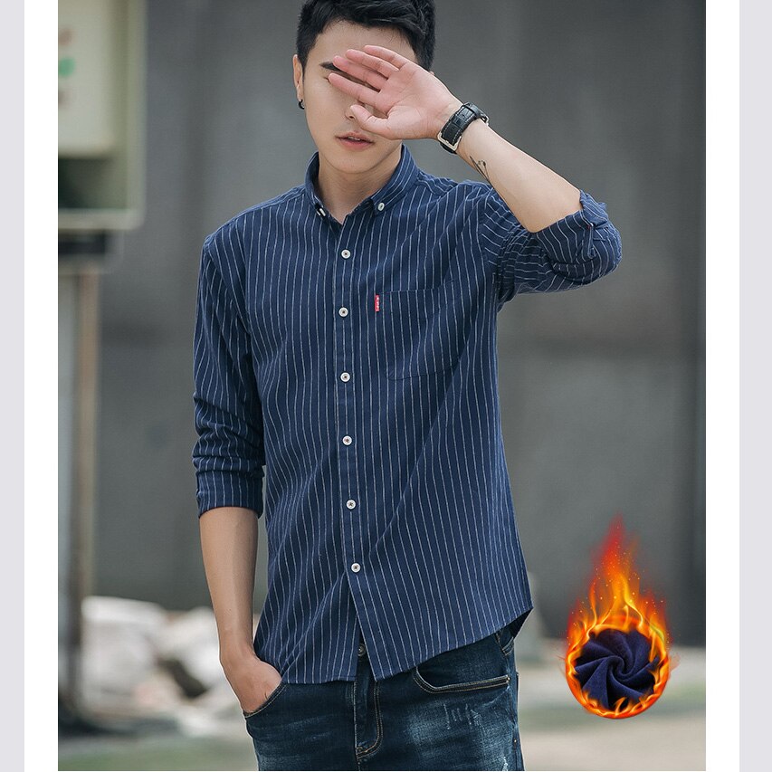 men shirt winter warm fast casual slim fit long sleeve strip shirt Compound fabric with fleece