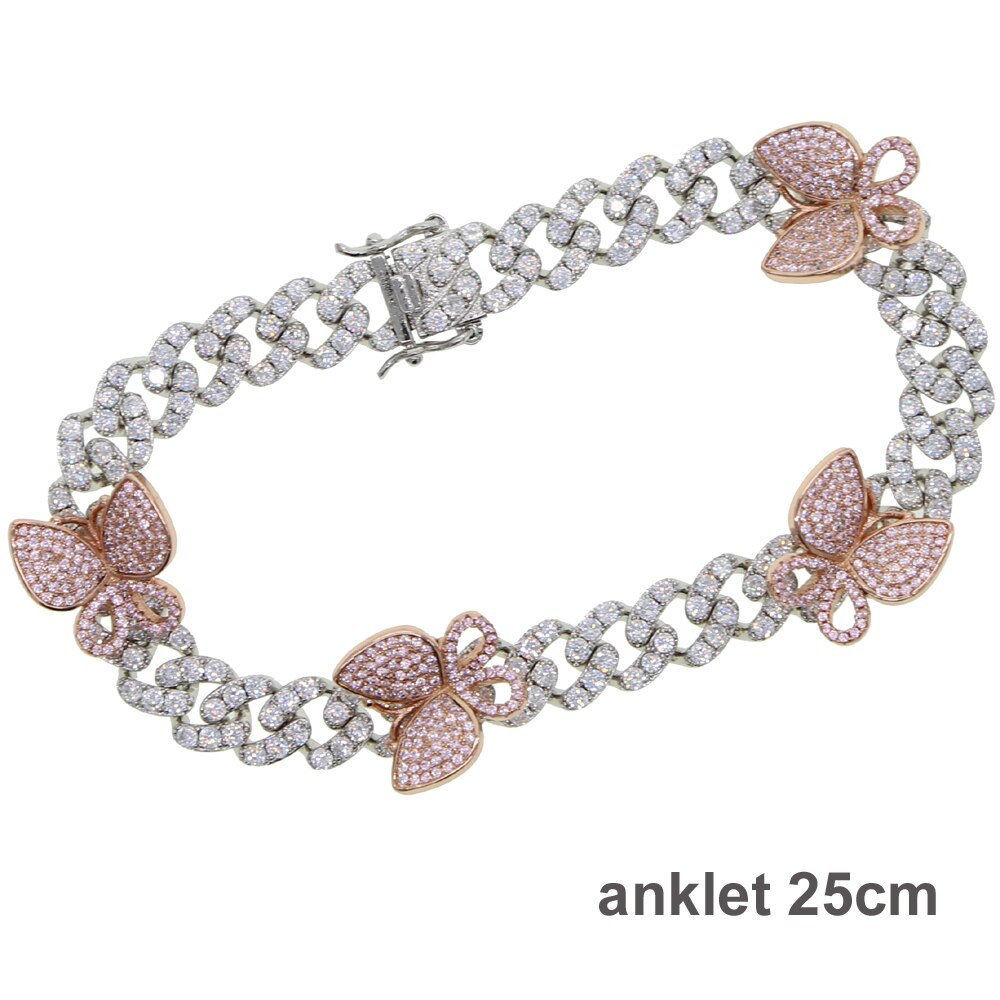 10Mm Breedte Micro Pave Cz Cubaanse Link Enkelbandje Leuke Vlinder 9Inch 10Inch Iced Out Bling Cz Miami cubaanse Enkelbandje Voet Been Sieraden: silver pink 25cm