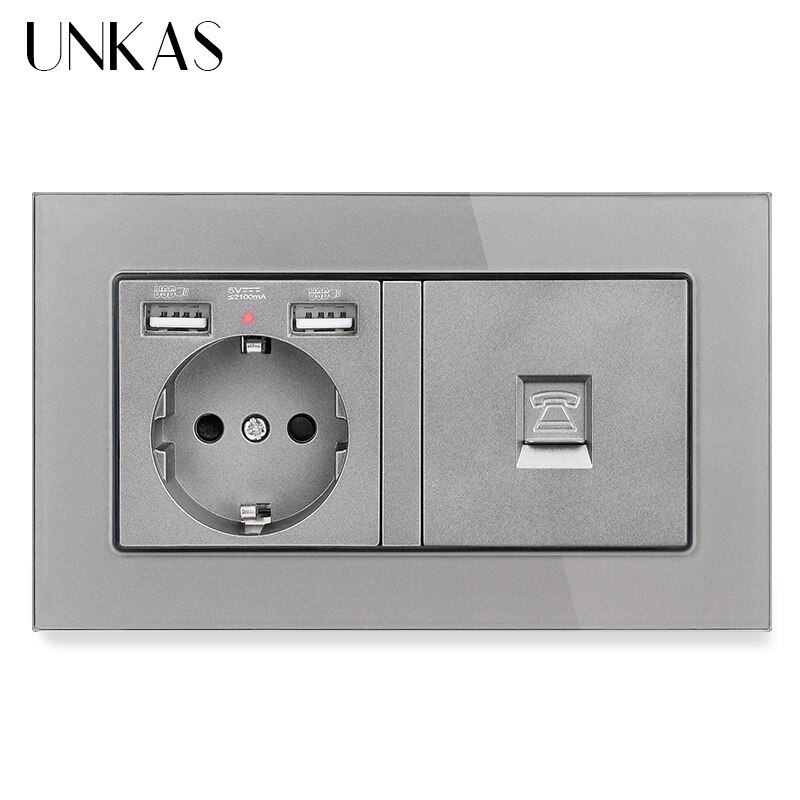 Unkas eu frans stopcontact met dubbele usb-poort + tv  rj11 telefoon  rj45 internet computeraansluiting 146mm * 86mm grijs glazen paneel stopcontact: 1 eu 1 telefoon  x 1
