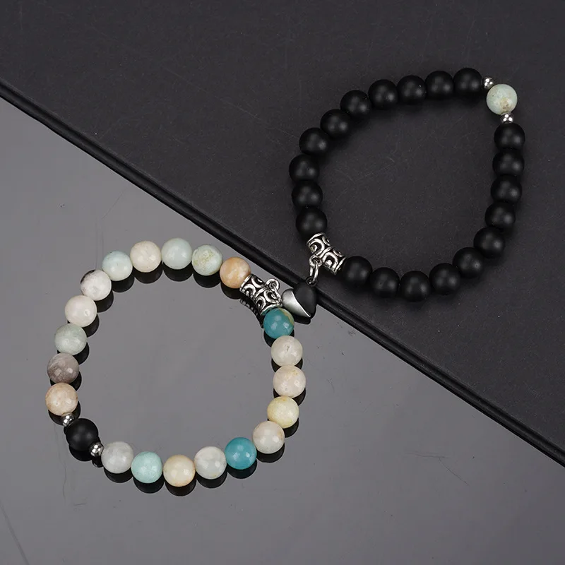 Pulsera de cuentas de piedra Natural para amantes, pulsera con imán de corazón de distancia, de joyería de de amistad, 2 piezas por juego: Marrón rojizo
