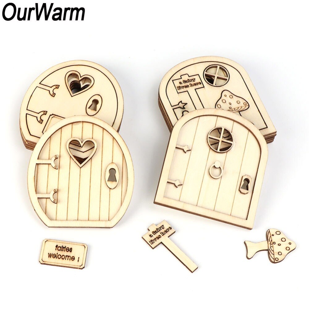 Ourwarm 6 stk træ fe havedør håndværk alf håndværk diy favor miniature fe haven tegn diy vintage hjem indretning hobby