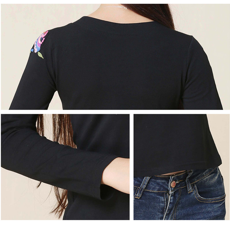 Mujer pulóver mujer Otoño Invierno estilo mexicano étnico manga larga cuello pico negro blusa camisa blusa bordada