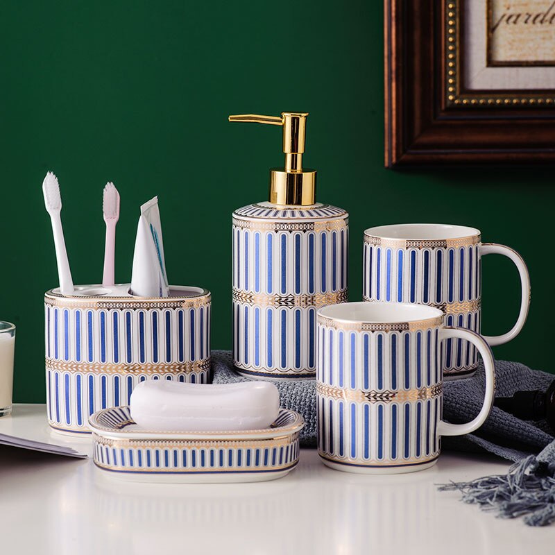 Luxury Blue Gold Ceramic Bathroom Five-piece Bathroom Supplies Soap Dispenser Brushing Mouth Cup Soap Dish Tray Toiletry Set