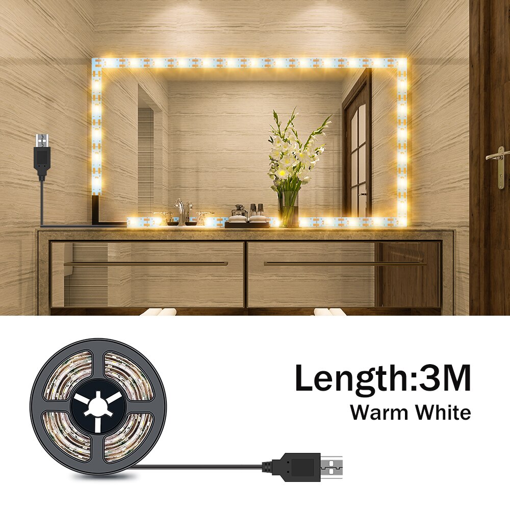 Luz LED para espejo de tocador de maquillaje, lámpara de belleza alimentada por USB para iluminación de decoración del hogar, 1M, 2M, 3M, 4M, 5M, 5V: 3M  Warm White