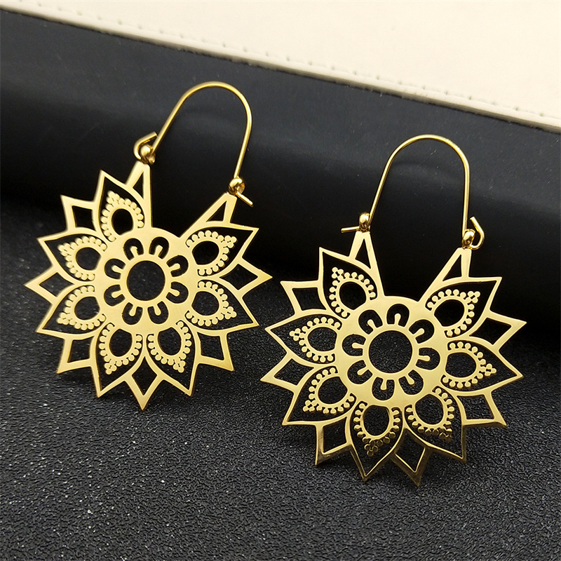 Pendientes de flor de loto de Yoga a la , pendientes de aro de acero inoxidable de Color dorado para mujer, joyería boucles d'oreilles E9360S01