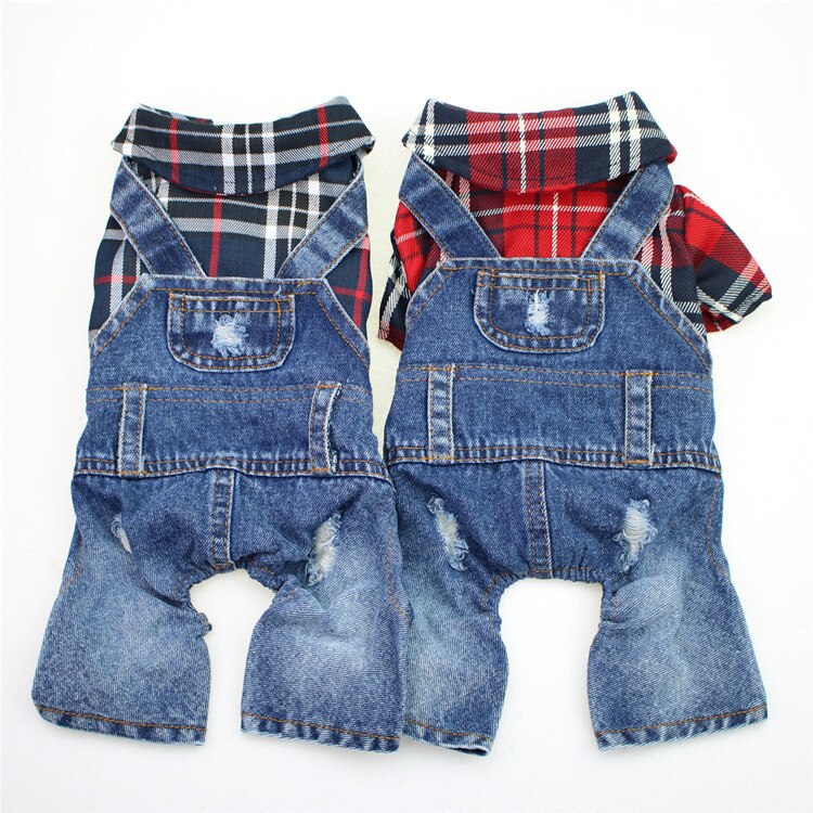 Teddy bichon hund firbenet stort plaid denim jumpsuit kæledyrstøj forår og efterår vintertøj
