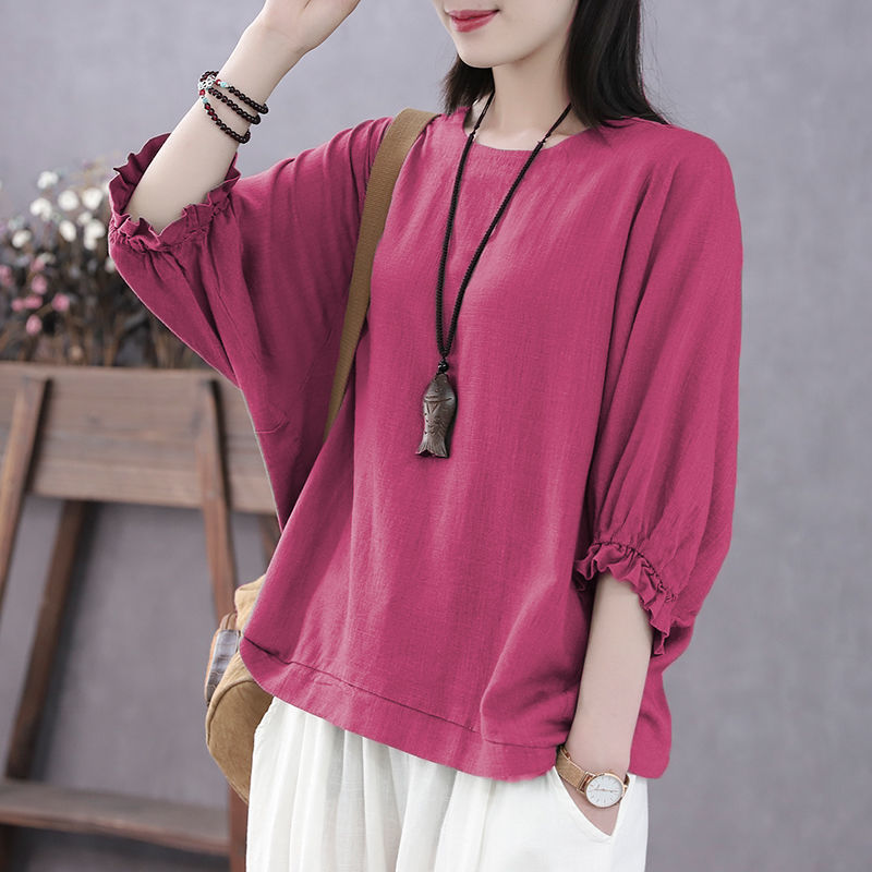 Zomer Losse Casual Batwing Halve Mouw Ruches Shirt Dames O Hals Effen Kleur Top Dames Oversized Pullover Blouse Femme: XL / Fuchsia