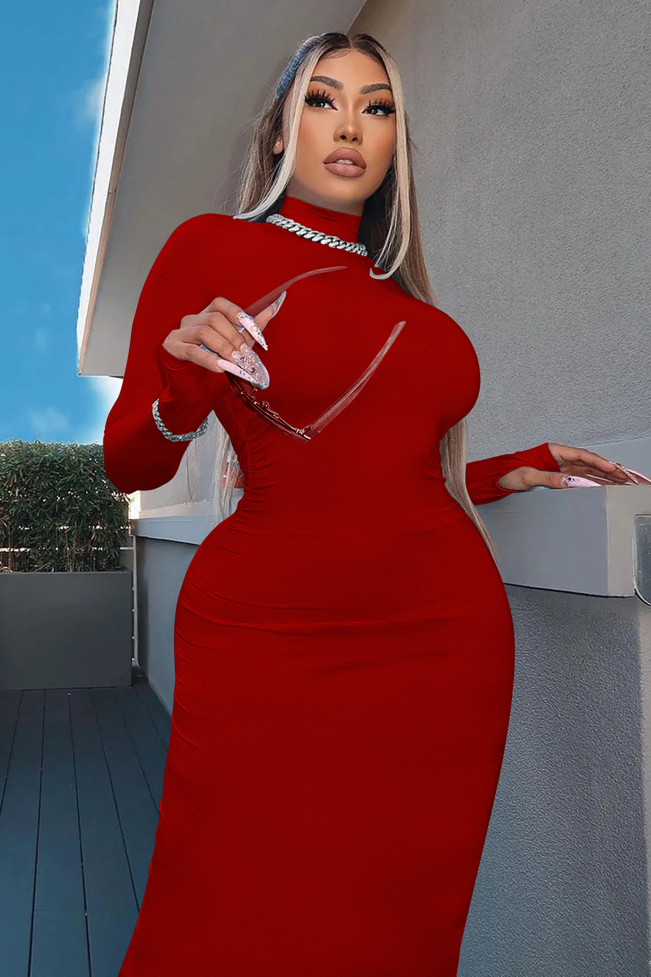 Primavera Longuette de manga larga elástico fuerza ajustado cuello alto delgado vestido largo