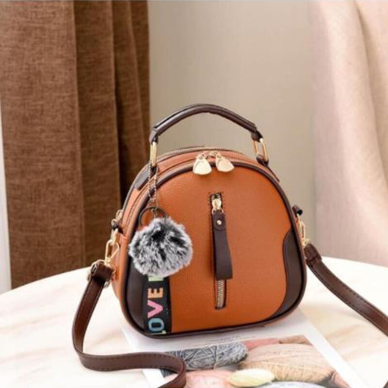 Brand Effen Kleur Vrouwen Shell Tas Draagbare Schoudertas Mode Pu Lederen Elegante Vrouwelijke Tas Met Grijs Haar bal: Brown