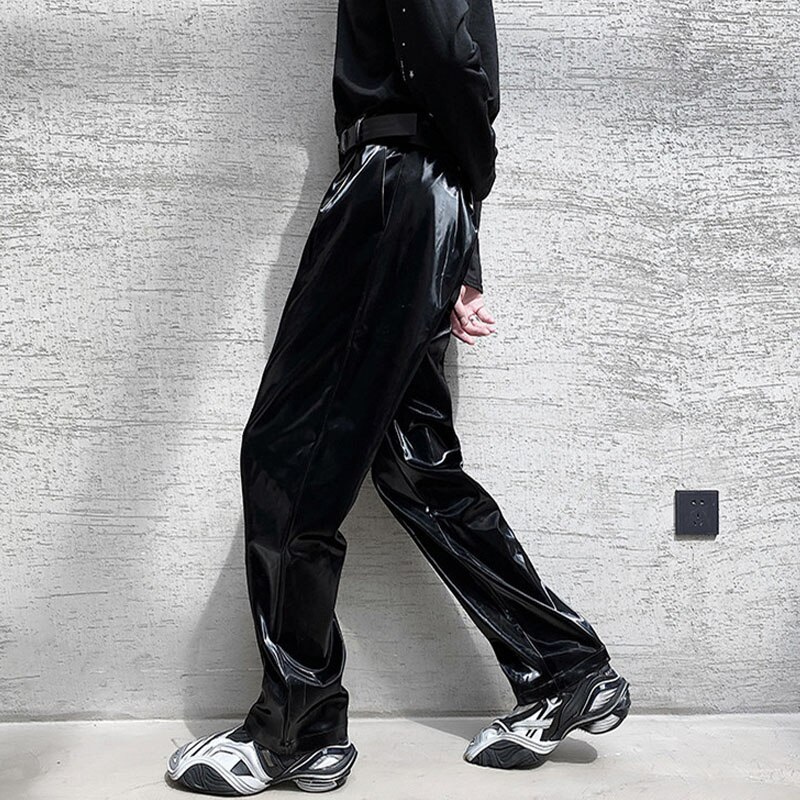 Mannelijke Vintage Streetwear Hip Hop Gothic Podium Modeshow Broek Mannen Heldere Leer Toevallige Rechte Broek