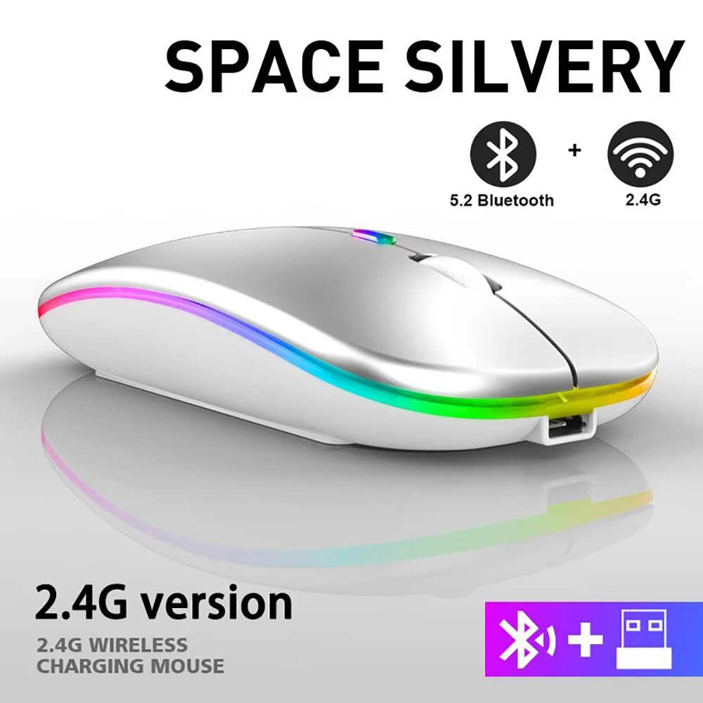 Ratón inalámbrico Bluetooth, recargable por USB, luz LED retroiluminada, 2,4G, modo Dual, ratón silencioso para ordenador portátil, ratón para juegos de PC: Plata