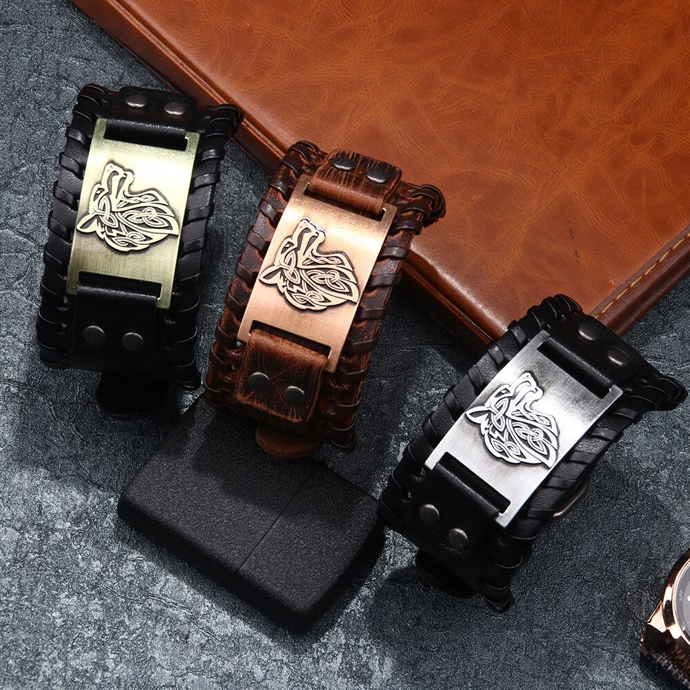 Vintage Men Weave Bangle Wide Leather Adjustable Wolf Head Bracelet Jewelry Vintage Wide Bracelets Nordic Viking Bracelet Men