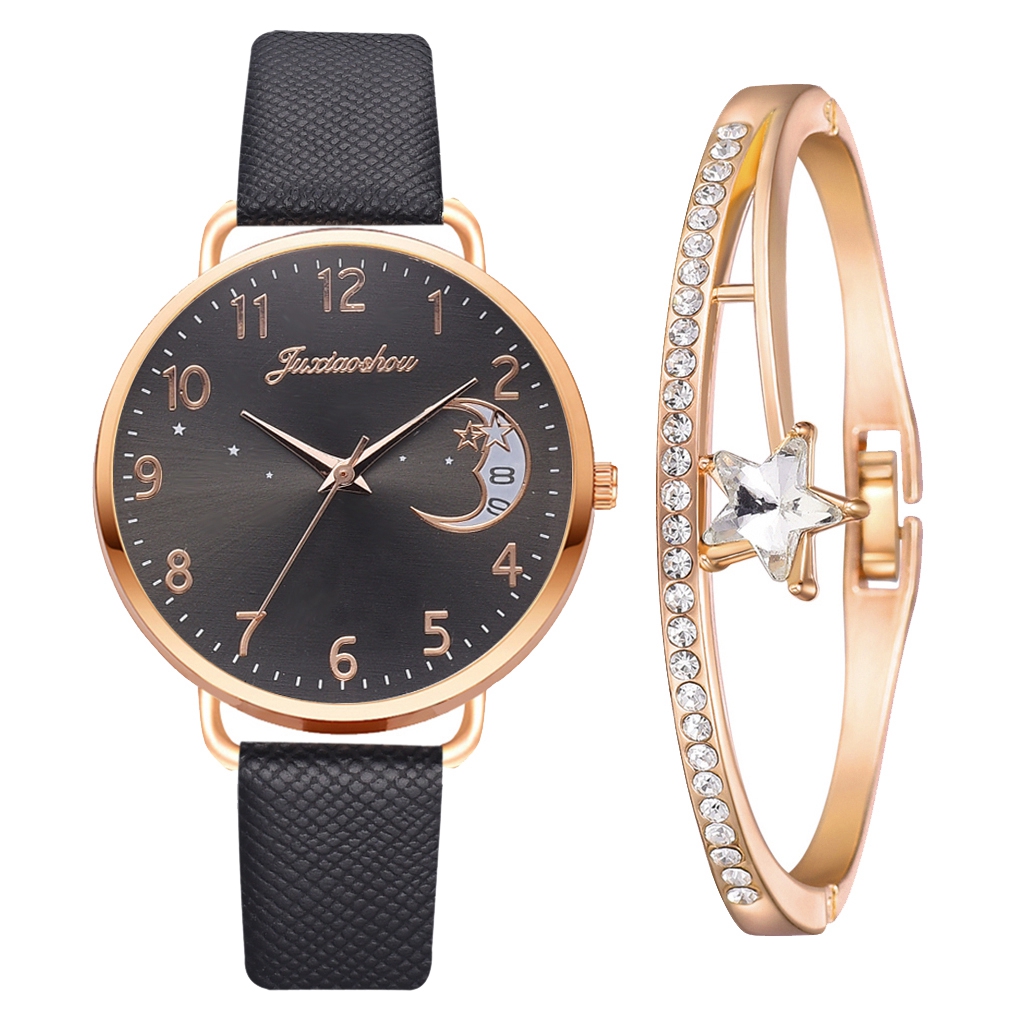 Women Watch Moon Numbers Dial Bracelet Watches Set Ladies Leather Strap Quartz Wristwatch Women Female Clock Relogio Mujer: XR4379-BK-RG