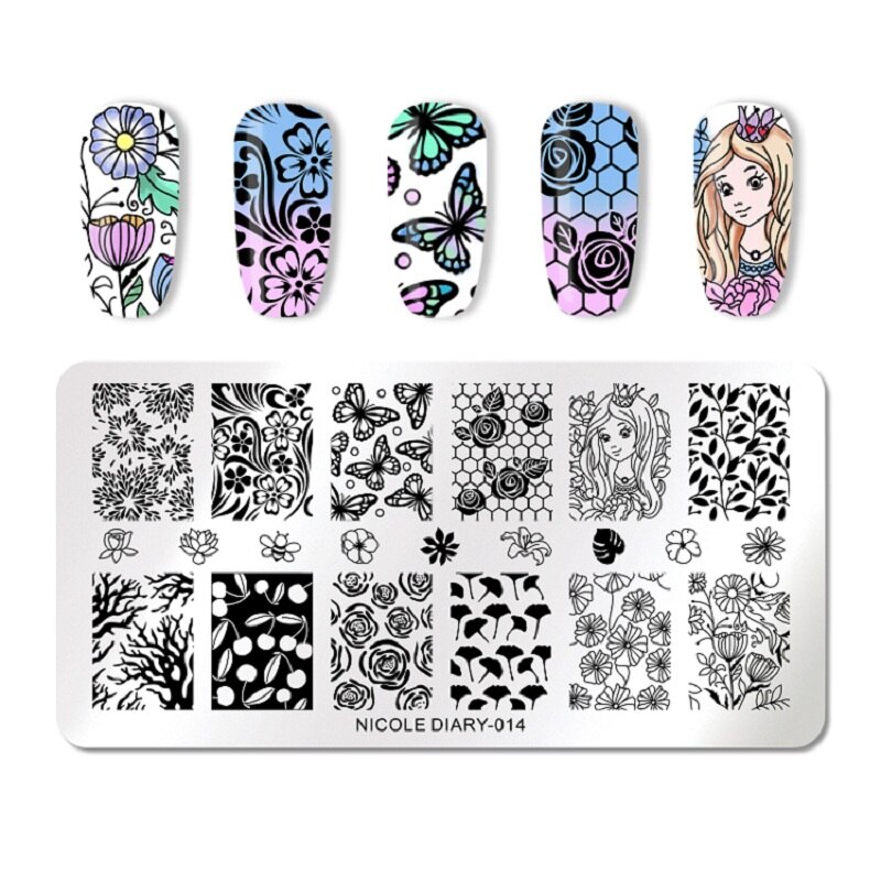 NICOLE DAGBOEK Nail Stempelen Platen Rechthoek Ronde Bloem Grid Plaid Geometrische Afbeelding Print Stencil Nail Template voor Polish Gel