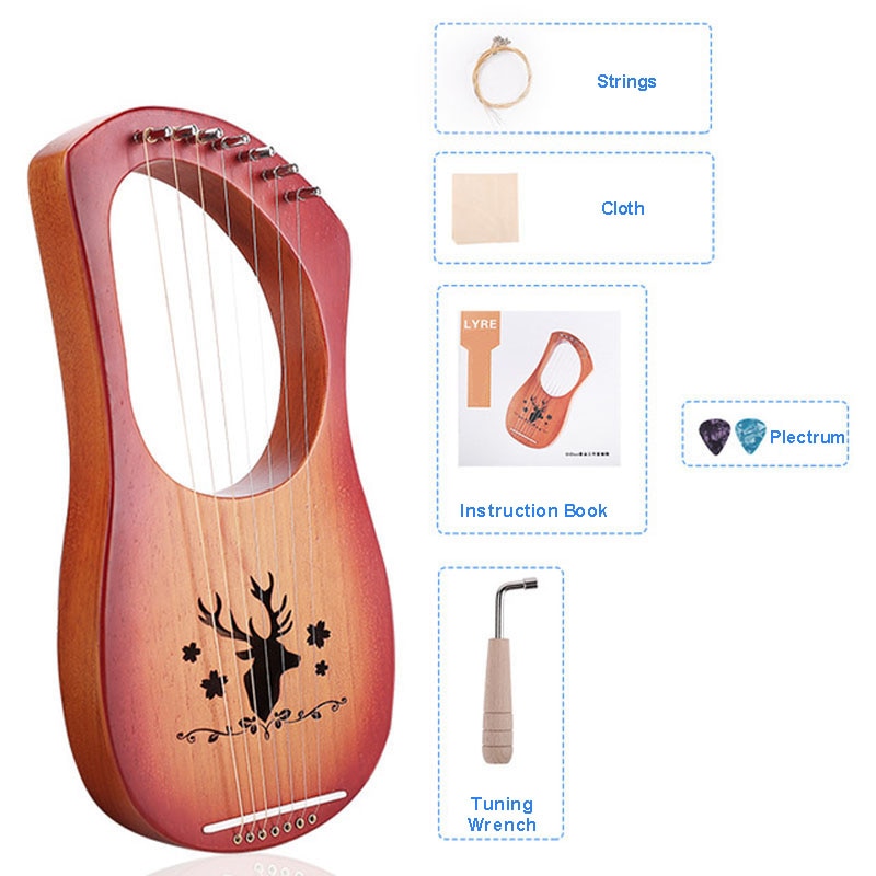 7 Strings Lyre Harp Mahogany Wood Come With Instruction Tuning Wrench Plectrum Cloth Greek Small Instrument Special Musical: Reindeer Sunset