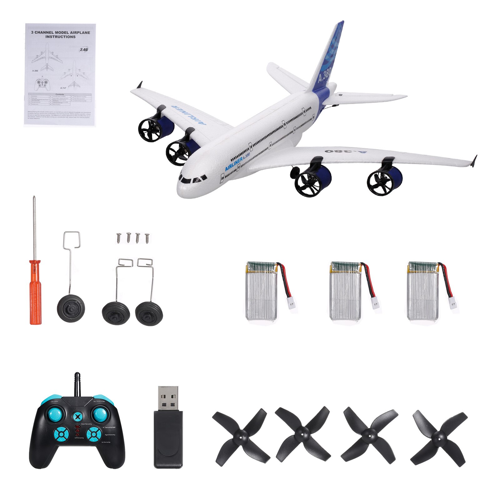 Originele A380 2.4G Rc Vliegtuig Vliegende Vliegtuigen Zweefvliegtuig Met Led Zoeklicht 3CH Epp Schuim Vaste Vleugel Vliegtuig Foam Vliegtuig: With 3 batteries