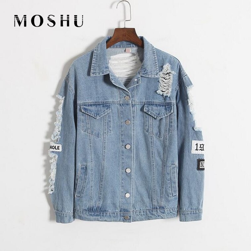 Spring Casual Women's Denim Basic Jacket Lapel Pockets Hollow Out Female Coat Where Is My Mind Light Blue Outwear Plus Size