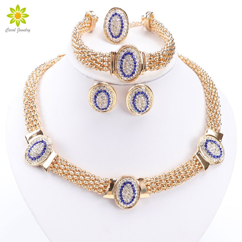 African Costume Jewelry Sets Women Gold Color Beads Rhinestone Oval Shape Necklace Set Dubai Nigerian Wedding Accessories