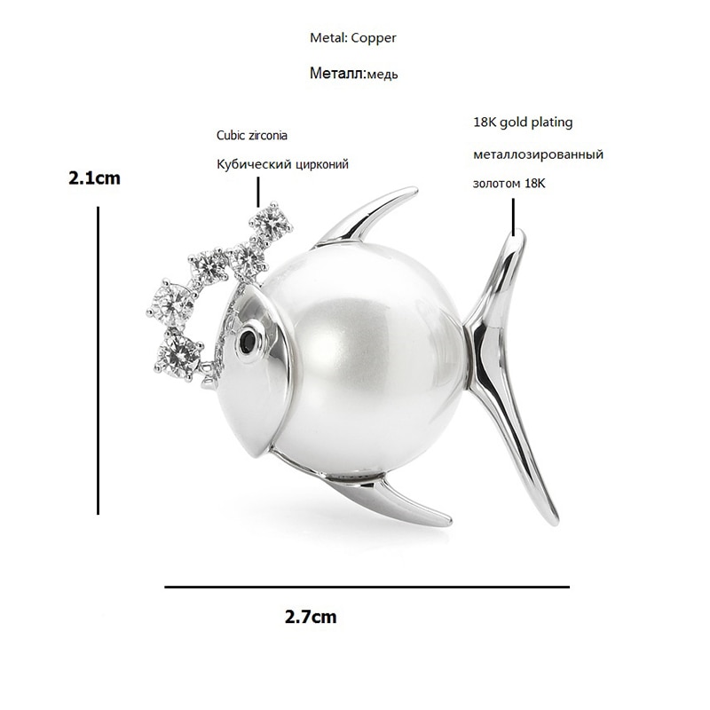 Wuli&baby Cute Magnet Fish Brooches For Women 2-color Czech Rhinestone Pearl Fish Office Causal Brooch