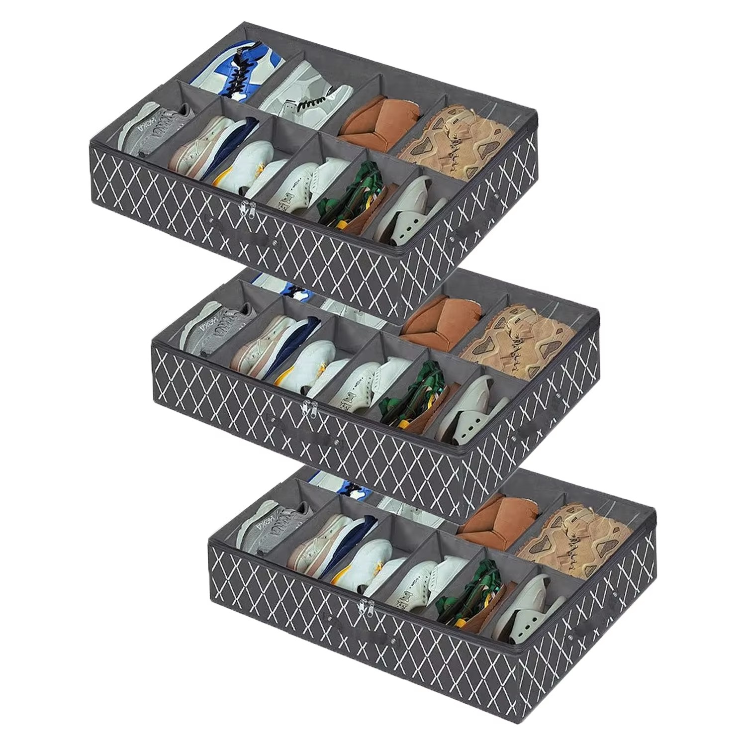 Stevige schoenenopbergorganisator voor onder het bed, set van 3, schoenenkast voor onderbed, opbergoplossing met helder venster, ademend: Chocolade