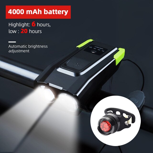4000 mAh Wasserdichte Fahrrad Licht Mit Horn USB Aufladbare 800 Lumen LED Licht Für Fahrrad Radfahren Vorderseite Lampe Fahrrad Zubehör: 4000 Grün Rückseite