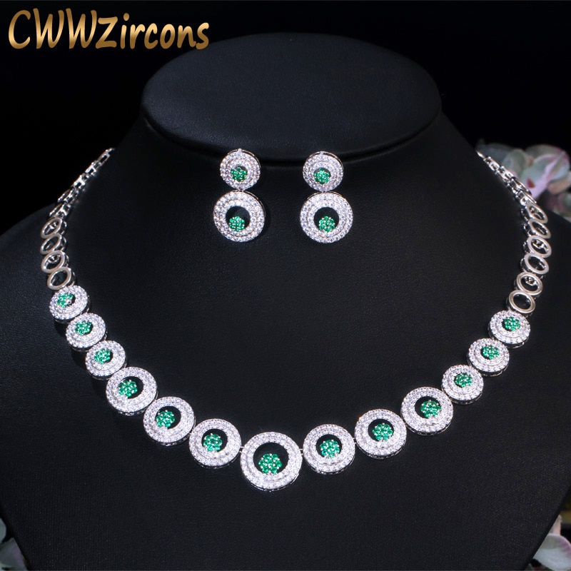 CWWZircons vert cubique Zircon pierre grandes boucles d'oreilles rondes et collier de ensemble de bijoux de mariée accessoires de fête de bal T444