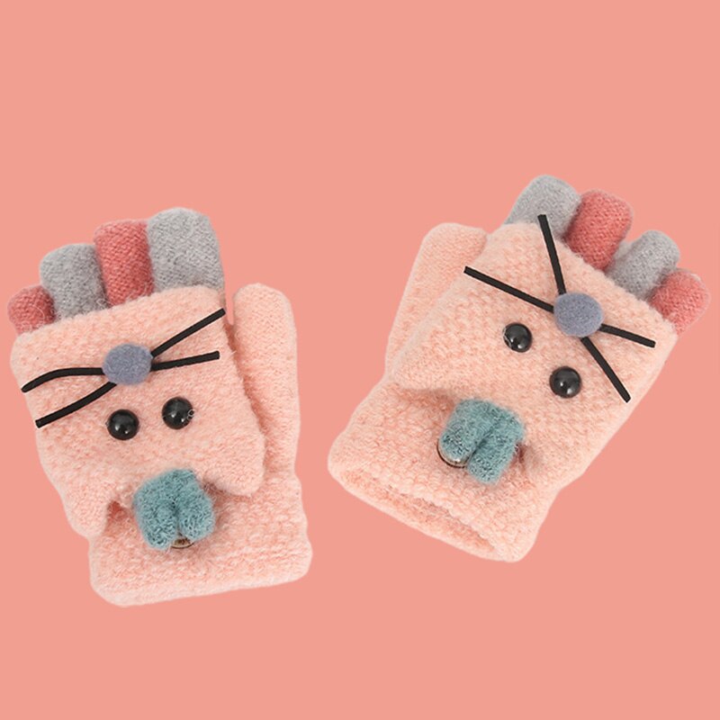 Kids Winter Warm Handschoenen Baby Wanten Leuke Cartoon Vingerloze Handschoenen Gebreide Flip Half Vinger Wanten Jongens Meisjes Kerstcadeaus