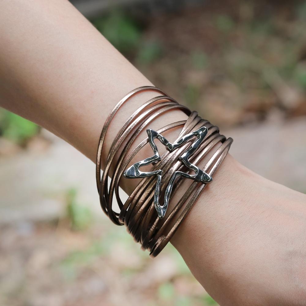 Allyes oco metal estrela encantos pulseira de couro para mulher boho multicamadas wrap pulseira pulseira exagerada jóias presentes