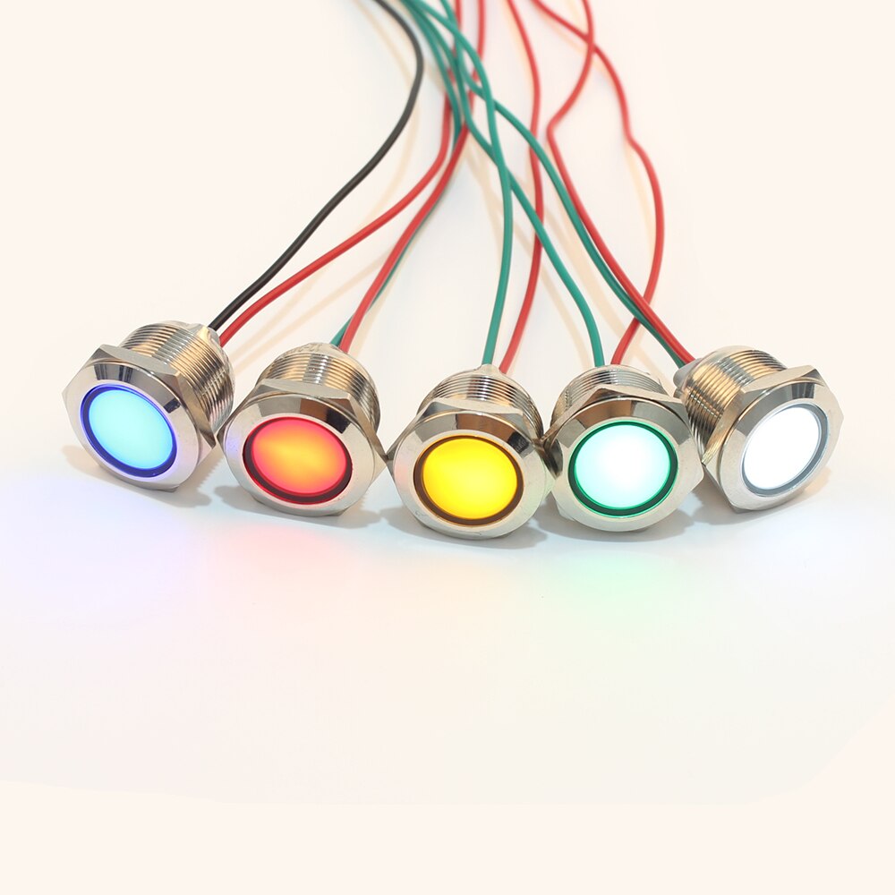 19mm Waterproof Metal Flat Round Indicat Signal lamp LIGHT with wire red yellow blue green 3-6V 12-24V 110-220V