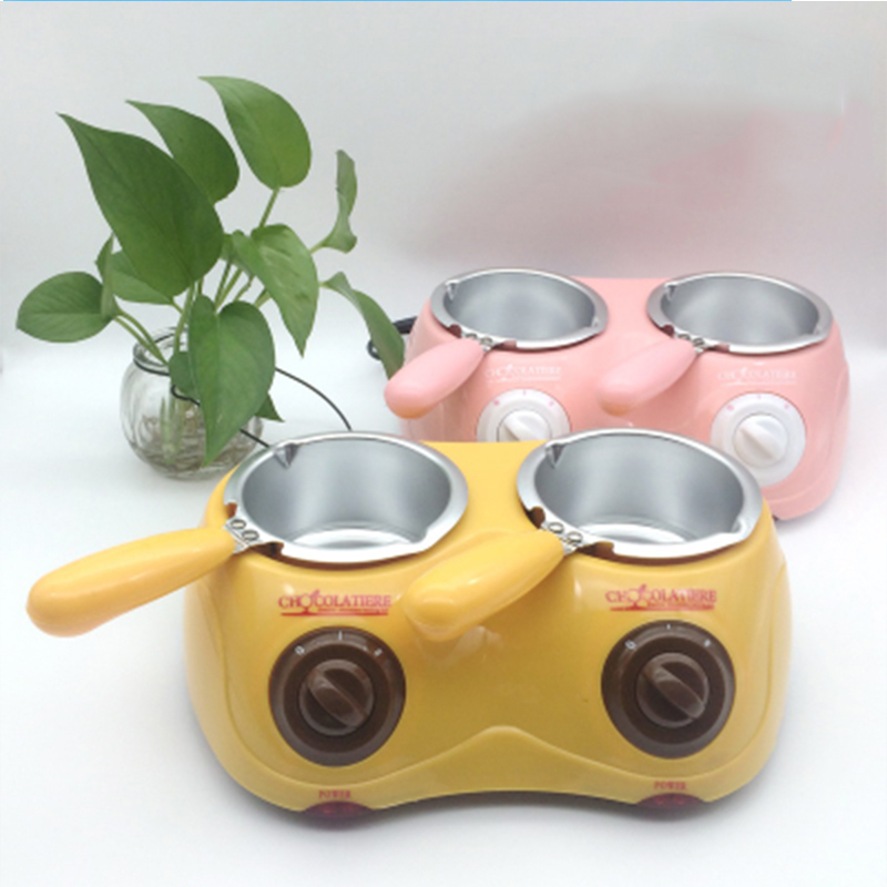 Dubbel elektrisk chokladfontän 250 * 2ml kapacitet fondue chokladsmältgryta smältmaskin gul /rosa 1pc