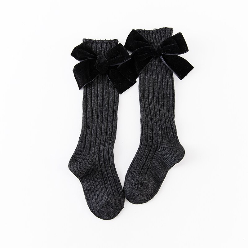 1-8y Kids Baby Kniehoge Sokken Meisjes Voor Kinderen Prinses Stijl Zware Gebreide Waggel Katoen Lange Sokken Met Fluwelen Bows: black / 2-5y
