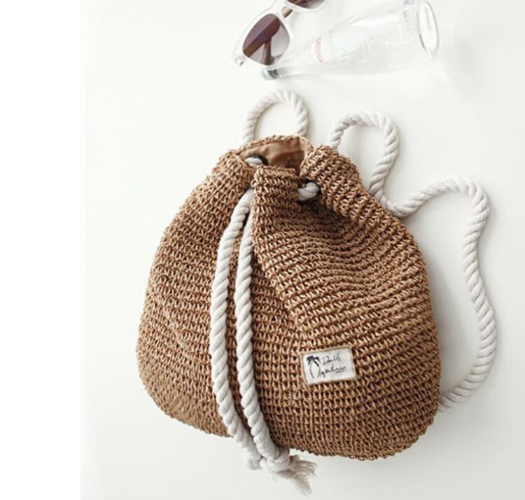 Zomer Vrouwen Stro Rugzak Handgemaakte Strand Tas Trekkoord Knapzak Gebreide Gehaakte Schoudertas Reistas