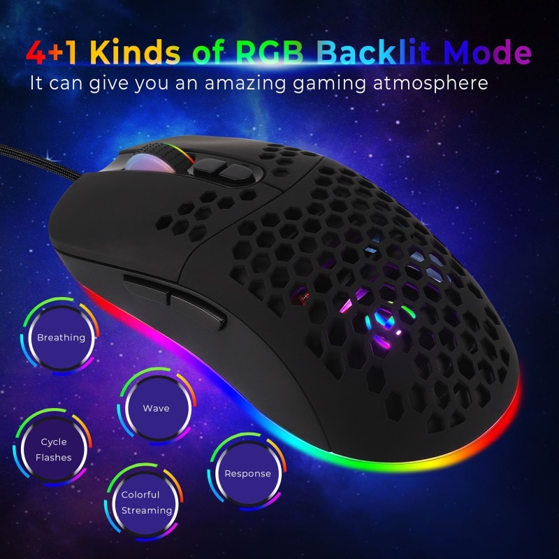 7200DPI USB Wired Mouse Optical Gaming Honeycomb Shell Mice RGB LED Backlight