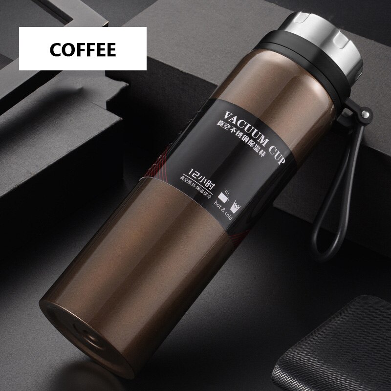 Sportflaska 800ml / 1000ml stor kapacitet dubbel rostfritt stål termos utomhus resor bärbar läckagesäker bil vakuumkolv: 800ml / Brun