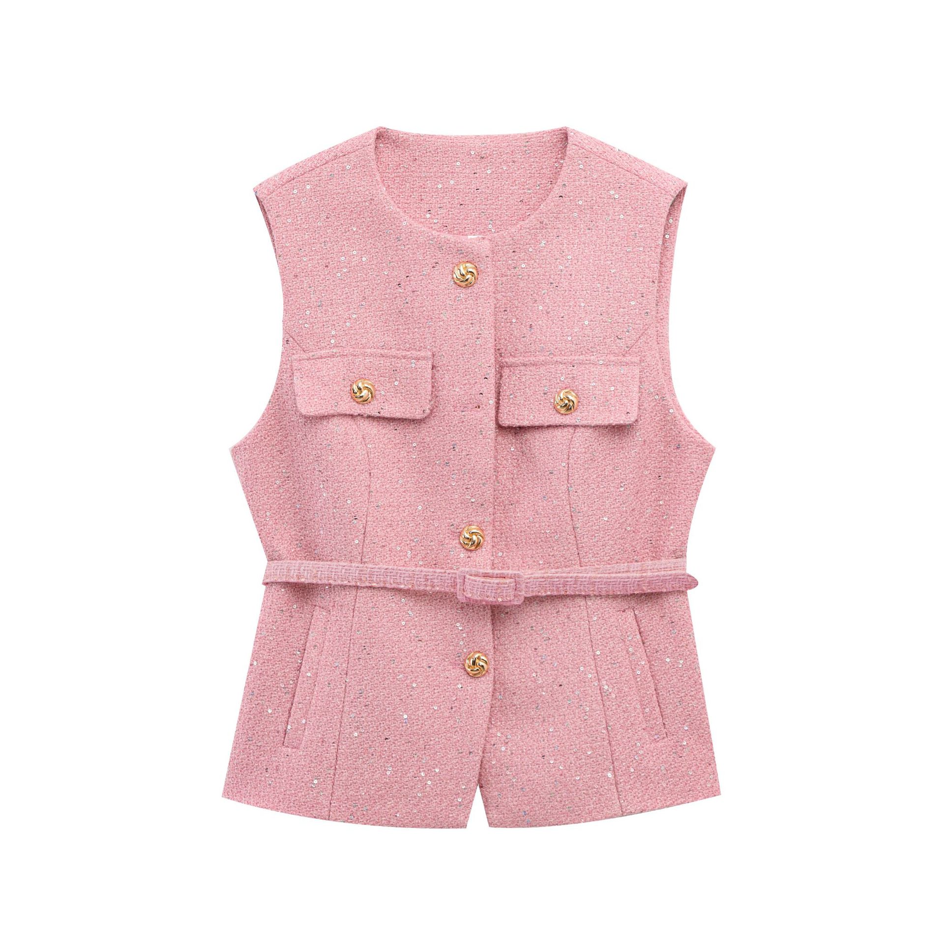 Damen-Tweed-Weste mit Gürtel, O-Ausschnitt, ärmellos, Knopfleiste vorne, Jacken, Damen-Oberbekleidung, schicke Oberteile, modischer Mantel: M / Rosa