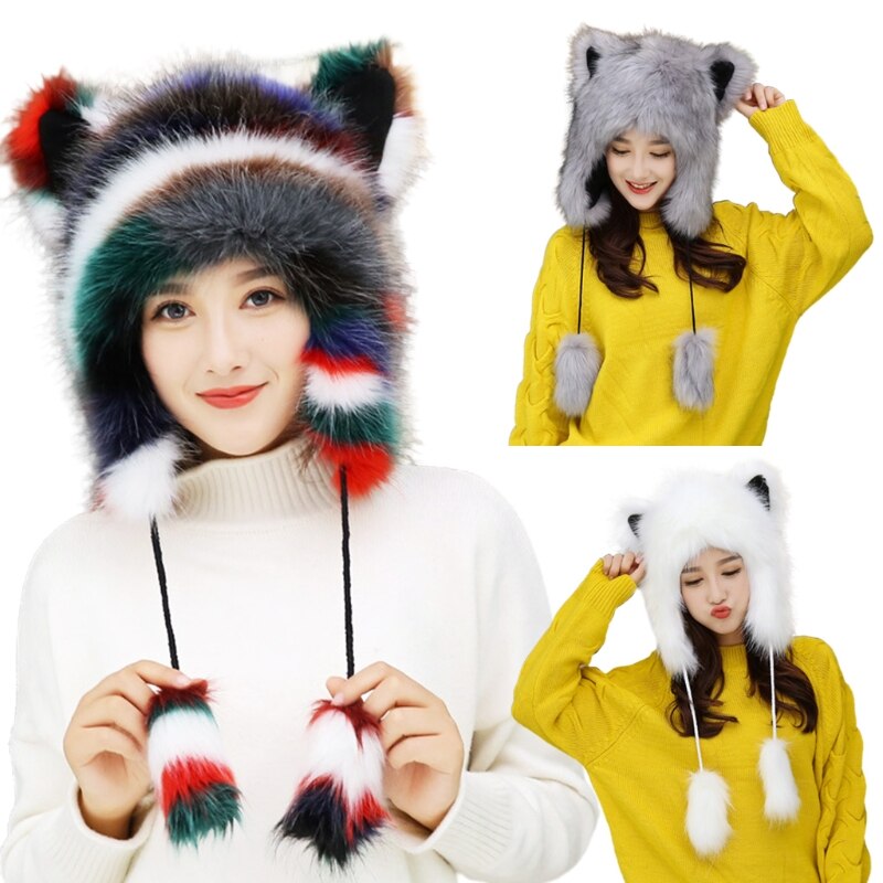 Cappello da cacciatore caldo termico peloso soffice orecchie carine berretto con paraorecchie in peluche N58F