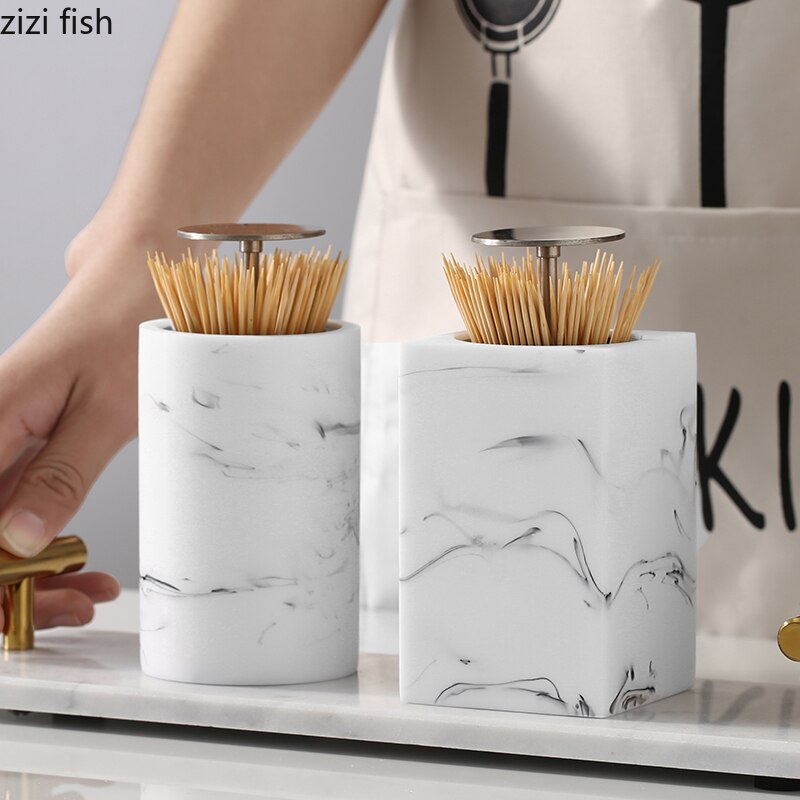 Resin Toothpick Boxes Squeeze Cotton Swab Toothpick Storage Container Stainless Steel Lid Home Portable Cotton Swab Storage Jars
