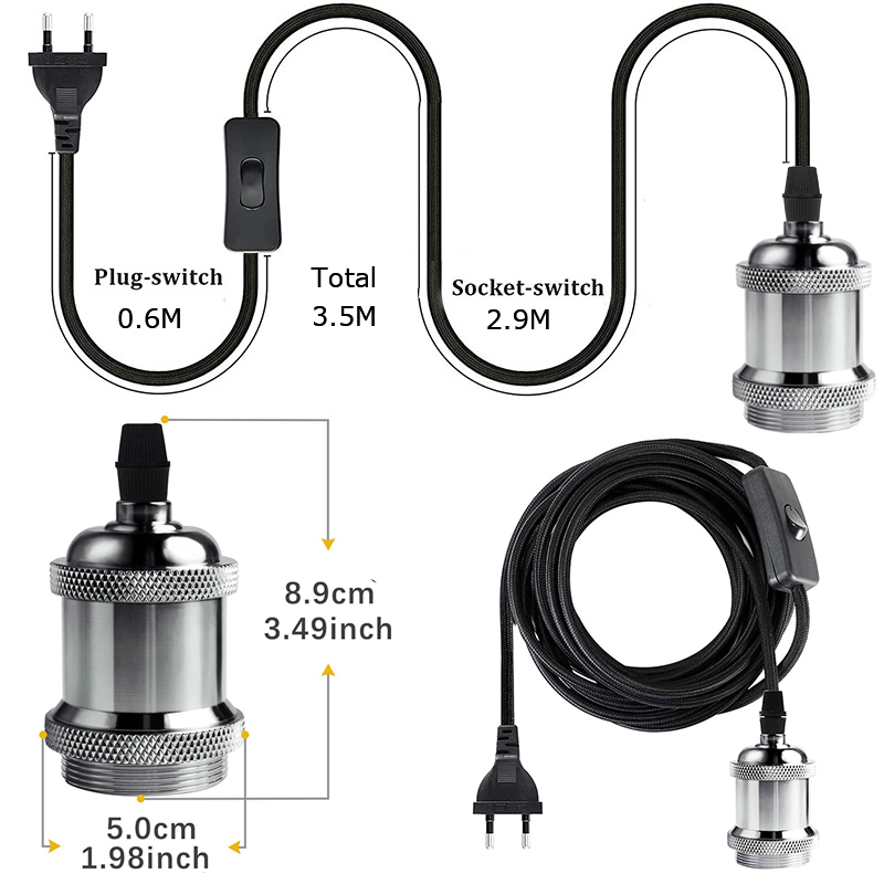 Support de lampe suspendue en métal E27, 3.5M, avec câble et prise, avec prise ue, câble de lampe Vintage: GRIS