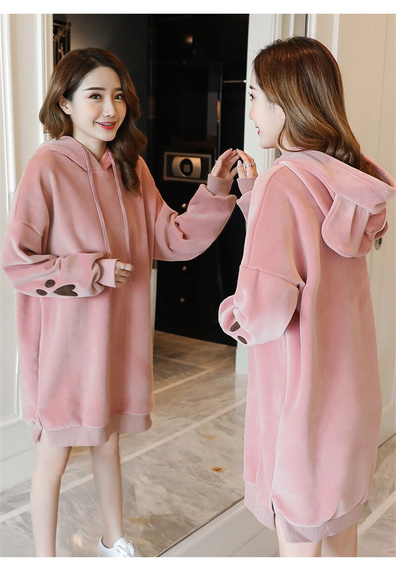 Maternity Velvet Hoodies Tops Rabbit Hooded velvet sweater Dress Autumn Winter Pregnancy Clothes Coat Hoodie For Pregnant Women: Pink / M