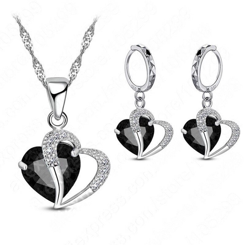 Luksus kvinder 925 sterling sølv cubic zircon halskæde vedhæng øreringe sæt brusk piercing smykker bryllup hjerte: Sort