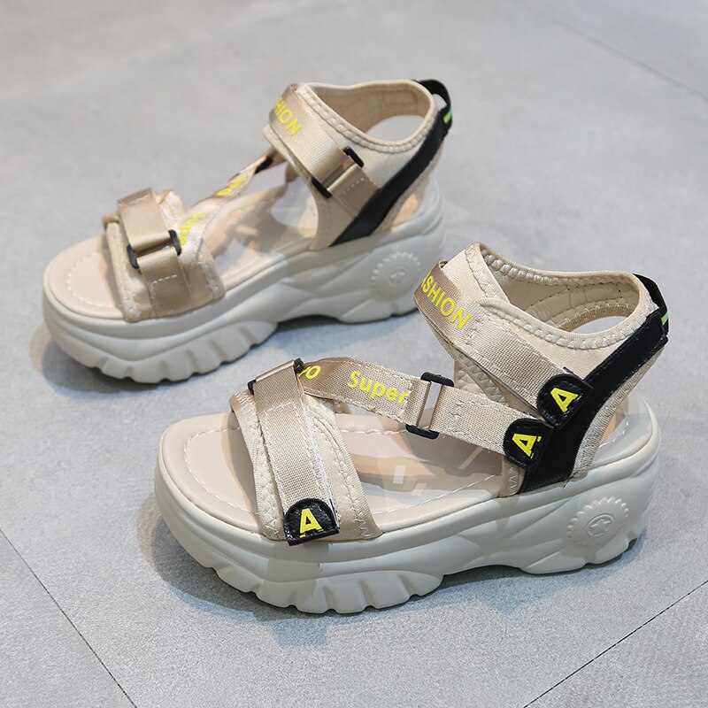 Lucyever tyk sål kvinder kiler sandaler høj platform komfort kvinde sandaliaer mujer hook&loop sommer afslappet fodtøj: Beige / 40