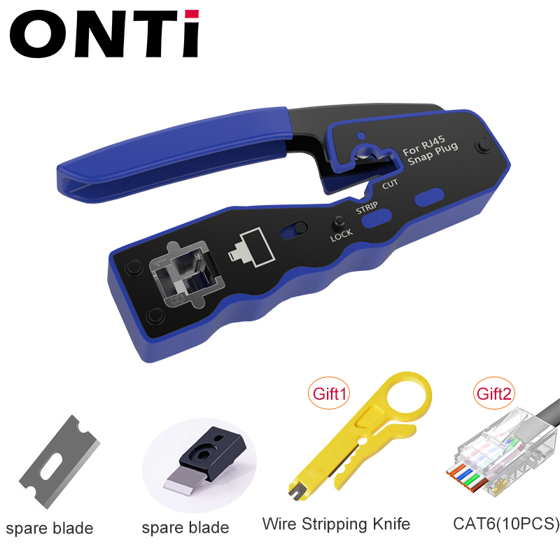 Connecteur ONTi RJ45 Cat7/6/6A/5E, outil de sertissage RJ45 passant à sertir avec lame de rechange dénudeur de câble Ethernet: Black