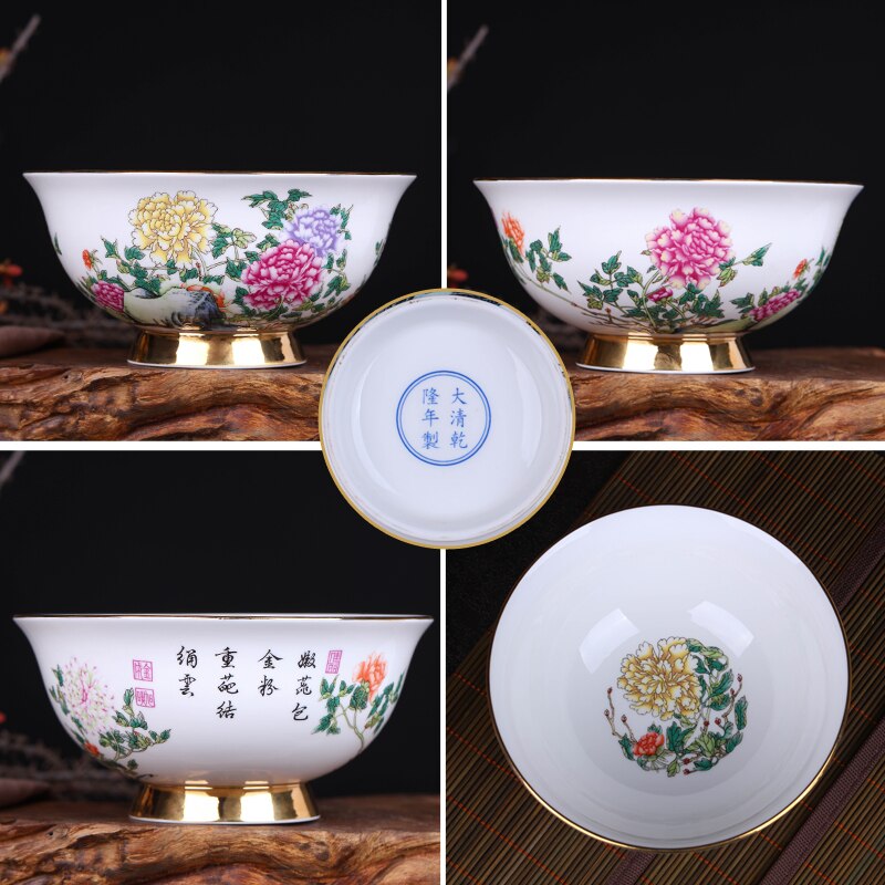 Jingdezhen Ceramic Antique Bowl Tableware Household Bowl Noodles Bowl Gold Painted Large Rice Bowl Soup Bowl High Foot Bowl
