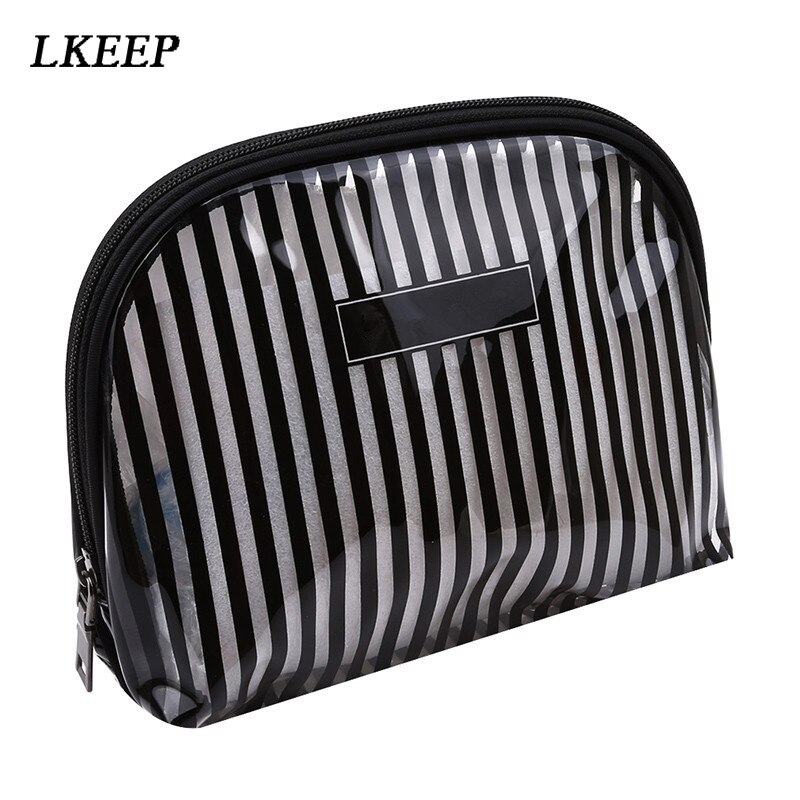 Pvc Transparante Grote Capaciteit Cosmetische Tas Vrouwen Mode Reizen Draagbare Waterdichte Strepen Maken Up Toilettassen: Black Color