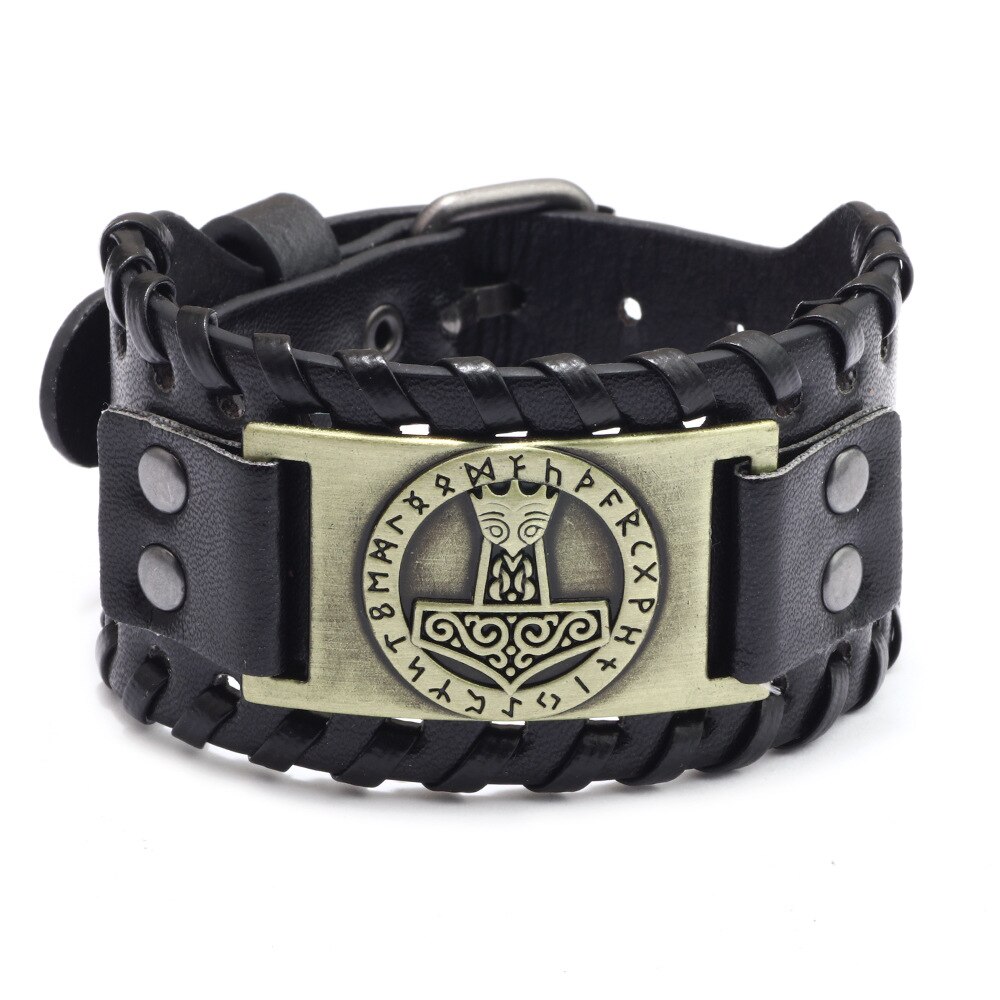 Pulsera de piel con brújula pirata para hombre, de tótem ancho, joyería vikinga celta, accesorios de pulsera, de: Pistola negra plateada