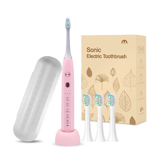 Sarmocare ultrasonic sonic elektrisk tandbørste genopladelig  s600 5 modeller trådløs ipx 7 vandtæt vibrator til tandbørster: 1 pink med 2 hoveder