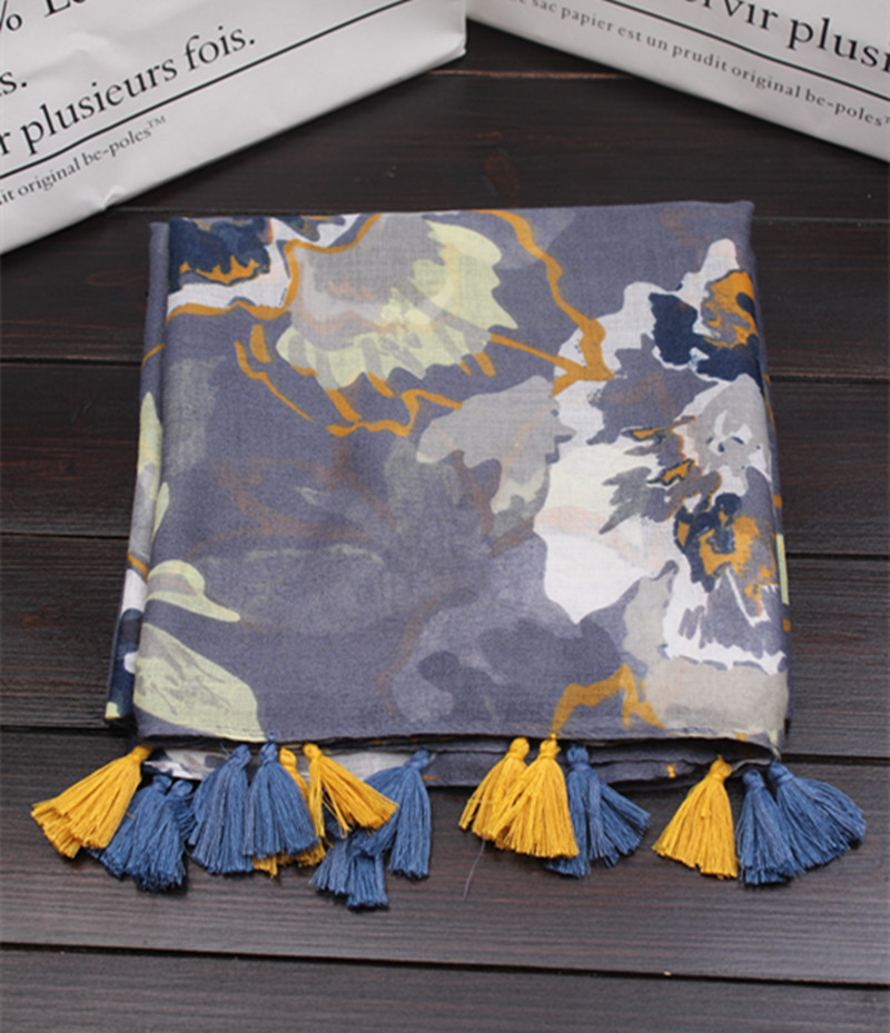 Luxe Gedrukt Hijab Sjaal Vrouwen Шарф Женский Lange Bloemen Kwasten Sjaals Foulard Femme Moslim Hijab Snood