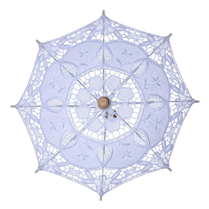 Boda Parasol para novia paraguas hueco de encaje bordado Blanco sólido Color romántico apoyos de la foto con mango de madera de 8 costillas