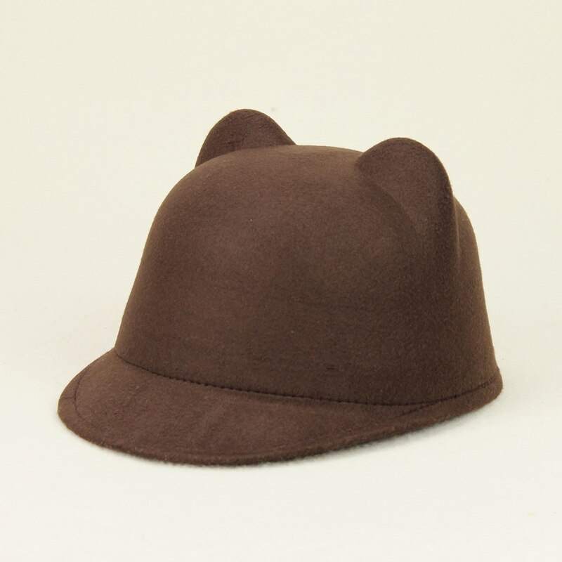 QBHAT Faux Wool Fedora Hats with Cute Cat Ears Solid Plain Casquette Hat Casual Equestrian Parent-child Cap for Women Kids: Coffee / 52to54cm